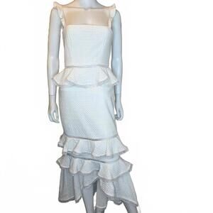 NBD Haze Midi Dress White tiered peplum eyelet bridal size Small MSRP $298